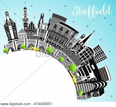 Sheffield Uk City Skyline With Color Buildings, Blue Sky And Copy Space. Vector Illustration. Sheffi