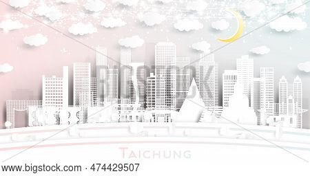 Taichung Taiwan City Skyline In Paper Cut Style With White Buildings, Moon And Neon Garland. Vector 