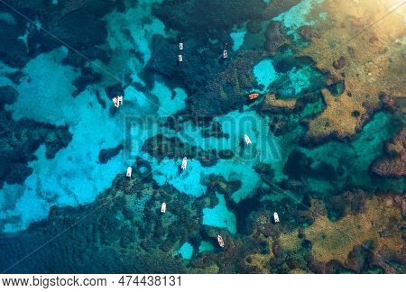 Top Drone View Of Boats And Yacths In Transparent Azure Water