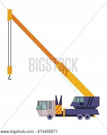 Hoisting Crane Icon. Construction Crane. Equipment In Flat Style. Yellow Industrial Heavy Machine. L