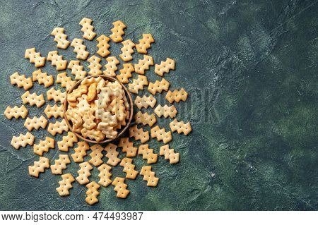 Top View Little Crackers Inside Plate On A Dark Background Crisp Color Snack Cips Salt Bread Dry Rus
