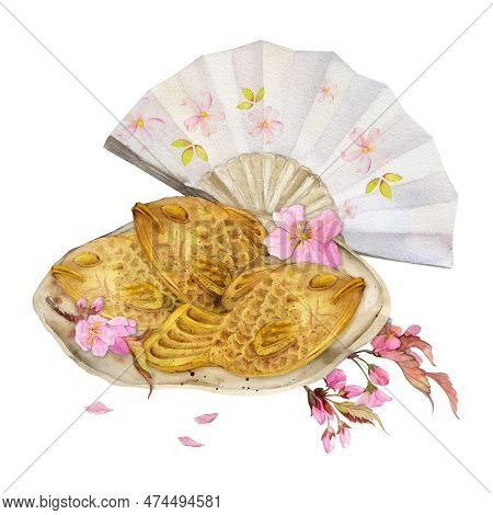 Watercolor Hand Drawn Traditional Japanese Sweets. Ceramic Dish, Spring Neri-kiri, Mochi, Objects. I