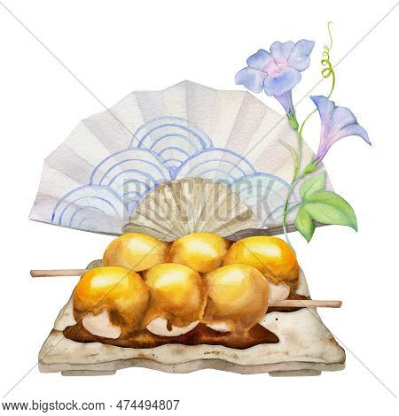 Watercolor Hand Drawn Traditional Japanese Sweets. Ceramic Dish, Dango, Summer Wagashi. Isolated On