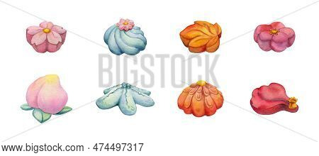 Watercolor Hand Drawn Set Of Traditional Japanese Sweets. Seasonal Nerikiri Wagashi. Isolated On Whi