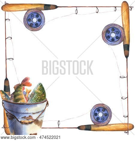 Fishing Frame With Fishing Rods And Backet With Fishes. Watercolor Illustration. For Design Solution