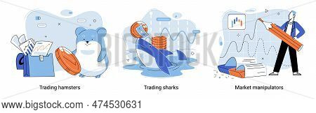 Stock Market Manipulation Concepts Set, Change Business Graph Indicator, Influence Crypto Currency P