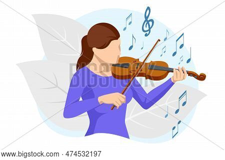 Isometric Violinist. Woman Playing The Violin. Classical Stringed Musical Instrument. Brown Violin A