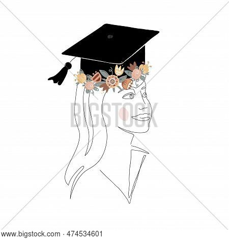 Cute Girl Silhouette In Graduation Cap Decorated With Doodle Flower Wreath. Happy Graduate Student. 