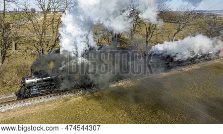 Ronks, Pennsylvania, February 18, 2023 - An Aerial View Of A Steam Double Header Freight And Passeng
