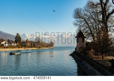 Thun, Switzerland, February 12, 2023 Water Promenade At The Schadau Park At The Lake Of Thun With A 