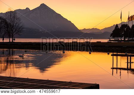 Unterseen, Canton Bern, Switzerland, February 12, 2023 Fantastic Alpine Landscape Scenery Just After