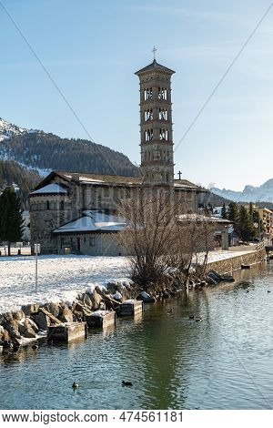 Saint Moritz, Switzerland, February 21, 2023 Historic Old Saint Karl Borromaeus Catholic Church On A