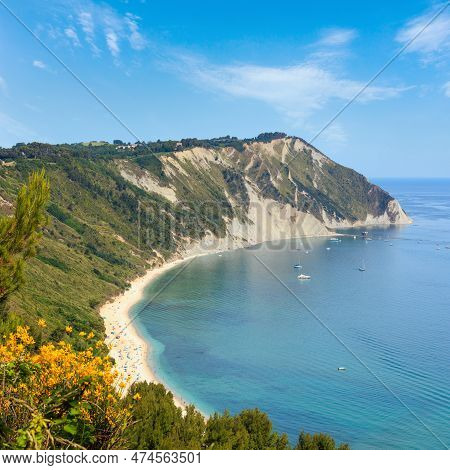Summer Adriatic Sea Bay And Blossoming Spiaggia Mezzavalle Beach Near Portonovo And Ancona Towns In 