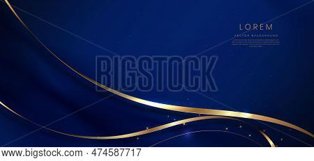 Dark Blue Elegant Background With Golden Ribbon Curved Lines With Lihgting Effect And Sparkle. Templ