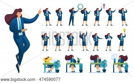 Set Of Businesswoman. Presentation In Various In Various Poses And Actions. 2d Flat Character Vector