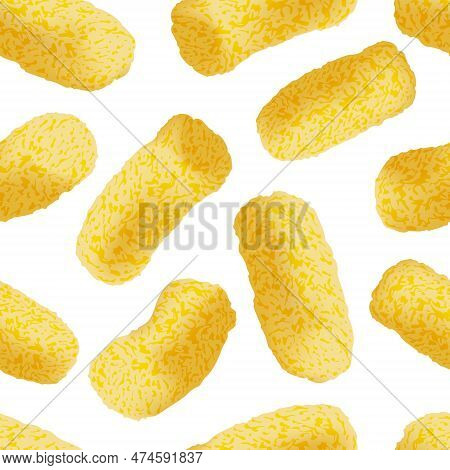 Sweet Corn Sticks, Seamless Pattern On White Background. Realistic Vector Illustration. Fast Snacks 