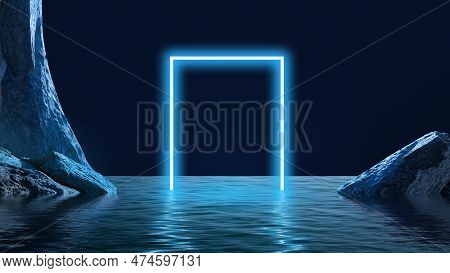 Geometric Neon Element Appearing From Water Around Rocks Over Dark Background. Blue Neon Lights. Des