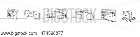 Record Player, Tape Recorder Set One Line Art. Continuous Line Drawing Of Tape, Retro, Cassette, Vin