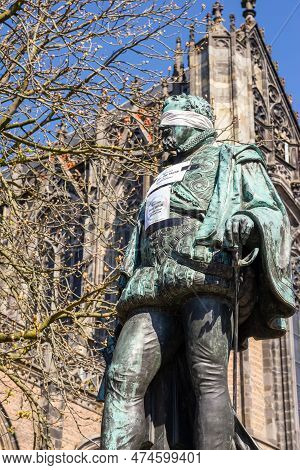 02 April 2023, Utrecht, Netherlands, Climate Activists Blindfold Jan Van Nassau Statue As Well As  S