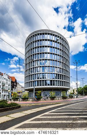 Poznan, Poland - July 2022: The Facade Of The Okraglak Building With A Business Center Located In Th