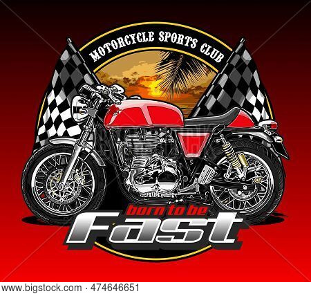 Red Retro Motorcycle Beach Background And Racing Flag