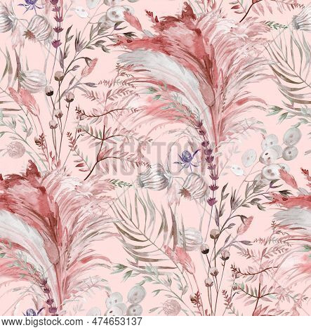 Seamless Pattern With Herbs And Pampas Grass And Dried Flowers Painted For Textile