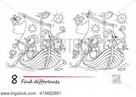Find 8 Differences. Black And White Illustration Of Cute Mice Sailing. Logic Puzzle Game For Childre