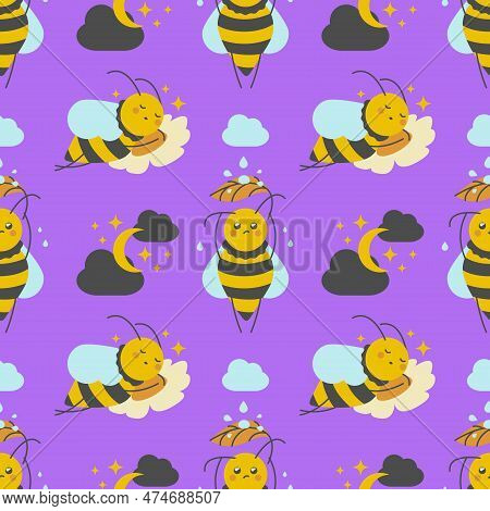 Cute Little Bees Seamless Pattern. Purple Background With Sleeping Bees.