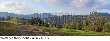 Mountain Evening Panorama View With Earth Road, Haystackes And Country Estate (slavske Village Outsk