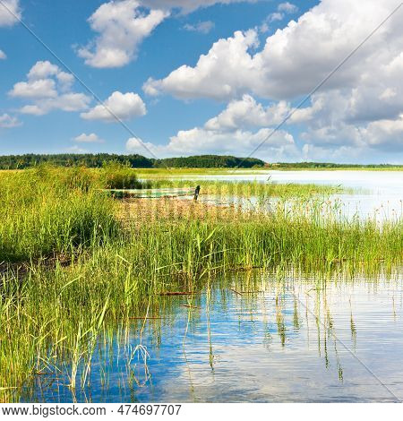 Summer Rushy Lake View With Wooden Boat Near Shore