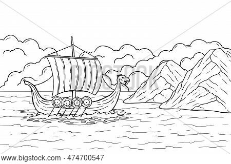 Viking Boat At Sea. Nordic Drakkar, Swedish Historic Warship. Longship With Oars. Cartoon Medieval S