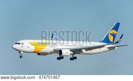 Narita - Japan, January 25, 2017: Ju-1021 Boeing 767 Miat Mongolian Airlines Landing In Internationa