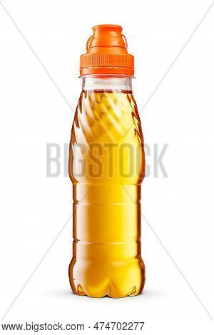 Apple Juice In Plastic Bottle Sport Flip Top Cap Isolated On White Background. Beverage For Babies W