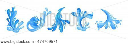 Blue Curved Water Splashes With Drops Vector Set