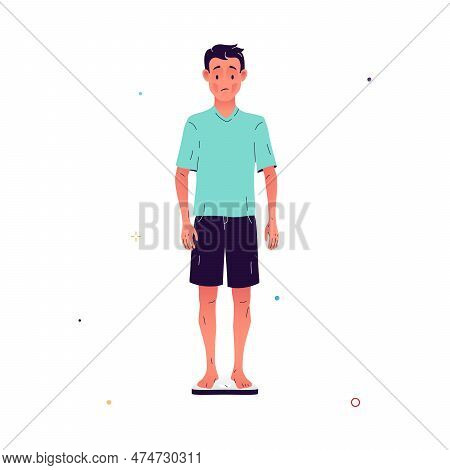 Vector Illustration Of A Sad Man Standing On The Scales And Suffering From Unexplained Weight Loss. 