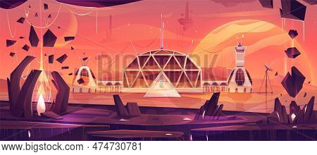 Space Colony On Mars Planet Cartoon Landscape. Futuristic Alien Base Station City On Desert Surface 