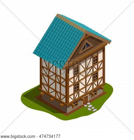 Isometric Medieval Architecture Residentrial Countryside House 3d Vector Illustration
