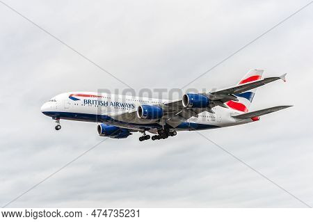 London, England - August 22, 2016: G-xlek British Airways Airbus A380 Landing In London Heathrow Int
