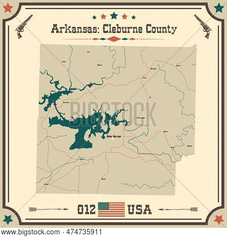Large And Accurate Map Of Cleburne County, Arkansas, Usa With Vintage Colors.