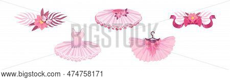Ballet Accessories With Bow And Tutu Skirt Vector Set