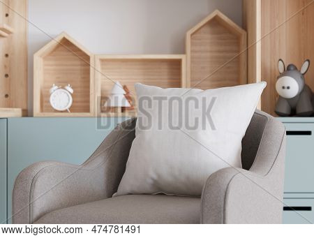 White Square Pillow In Kids Room. Blank Cushion Case Template For Your Graphic Design Presentation. 