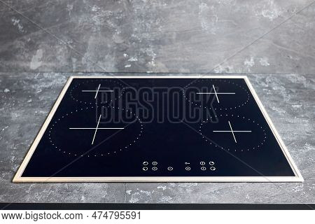Flat Cooktop Cooking Induction Electric Built Black Stove. Grey Countertop With Black Glossy Built I