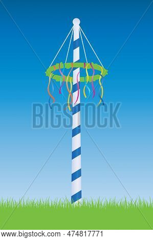 Maypole With Colorful Ribbons On Blue Sky Background