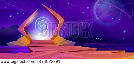 Cartoon Magic Portal With Purple Plasma Light With Swirl. Glowing Plasmic Entrance In Frame On Mount