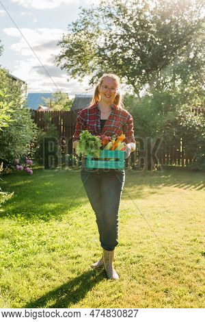 Female Farmer Carrying Box Of Picked Vegetables - Garden And Harvesting Agricultural Product For Onl