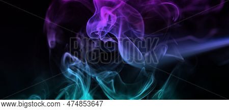 Multicolored Abstract Smoke For Relaxation, Close Up Black Background, Beautiful Swirled Clouds Of S