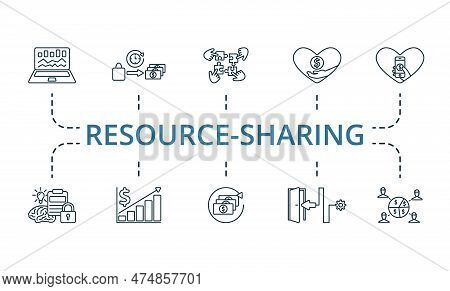 Resource Sharing Outline Set. Creative Icons: Funding Platform, Liquidity, Collaboration, Donation, 