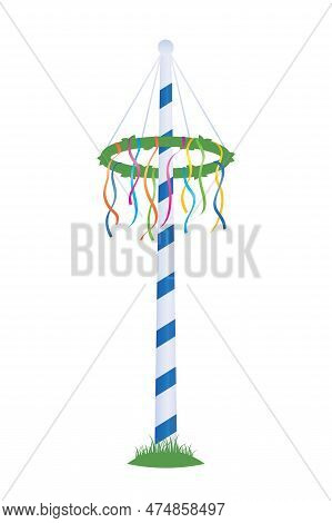 Maypole With Colorful Ribbons Isolated On White Background