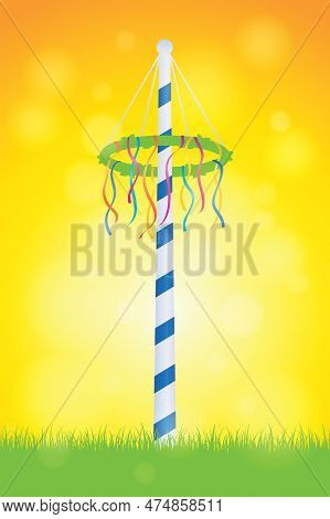 Maypole With Colorful Ribbons On Sunny Sky Background
