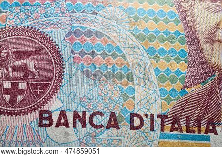 Macro Partial Close Up Vintage Old Obsolete Italian Lire Bill Banknote Visible Inscription Banca Dit